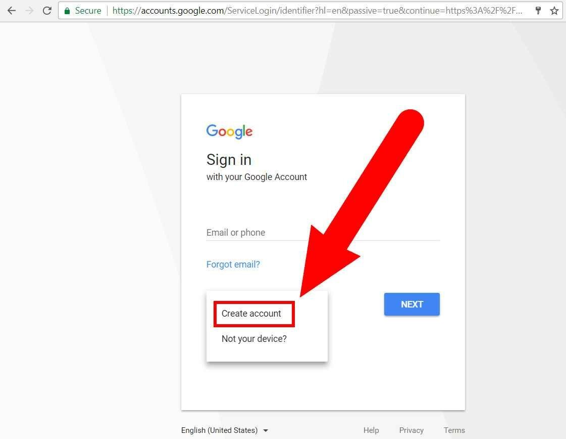 Сreate google account: Select "Create account" and click "Next"