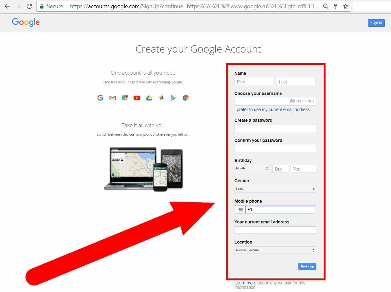 The next step in creating a Google account - fill in these fields