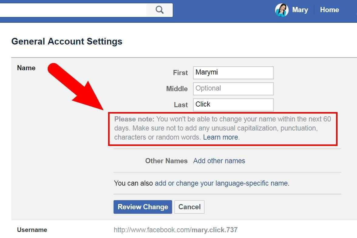 The rules of facebook when changing the name