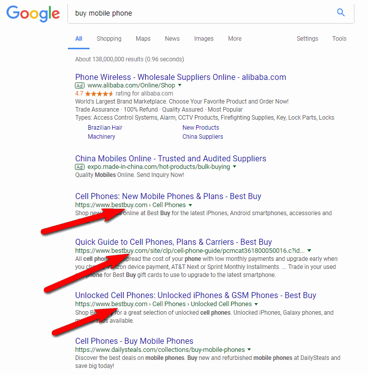 The first top-5 search results Google